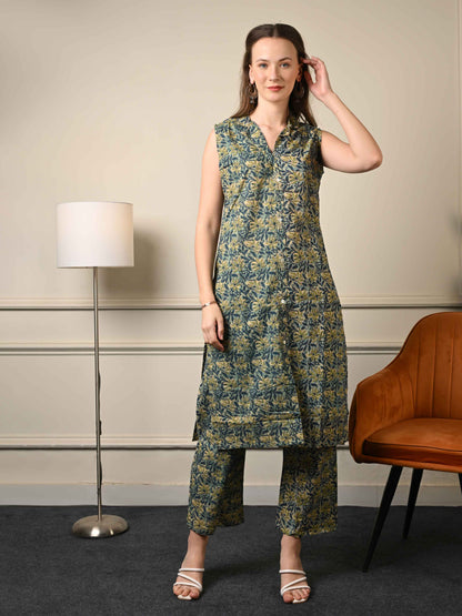 Green Sleeveless Neck Threadwork Detail Kurta Set