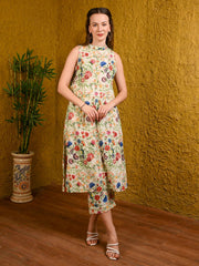 Off White Floral Sleeveless Kurta Set