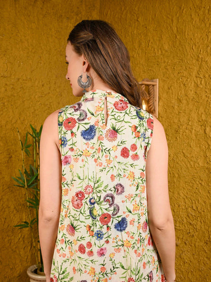 Off White Floral Sleeveless Kurta Set