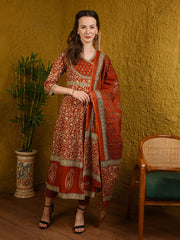 Rust Brown Jaipuri Cotton Anarkali Suit Set