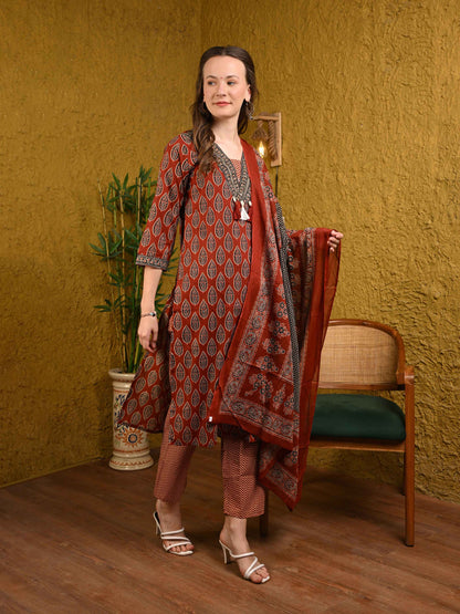 Maroon Jaipuri Cotton Suit Set