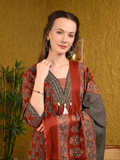 Maroon Jaipuri Cotton Suit Set