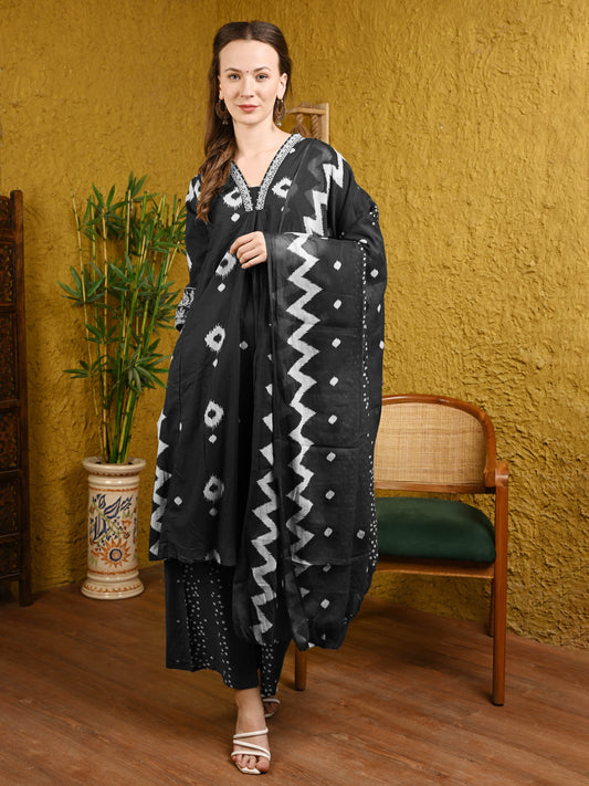 Black Jaipuri Cotton Anarkali Suit Set