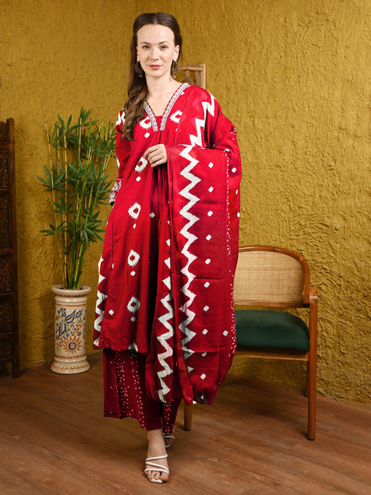 Red Jaipuri Cotton Anarkali Suit Set