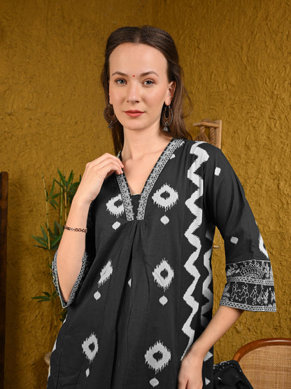 Black Jaipuri Cotton Anarkali Suit Set