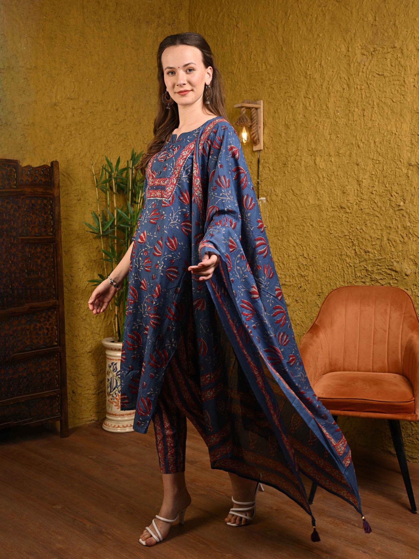 Blue Jaipuri Cotton Printed Suit Set