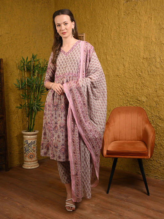 Onion Pink Jaipuri Printed Cotton Suit Set