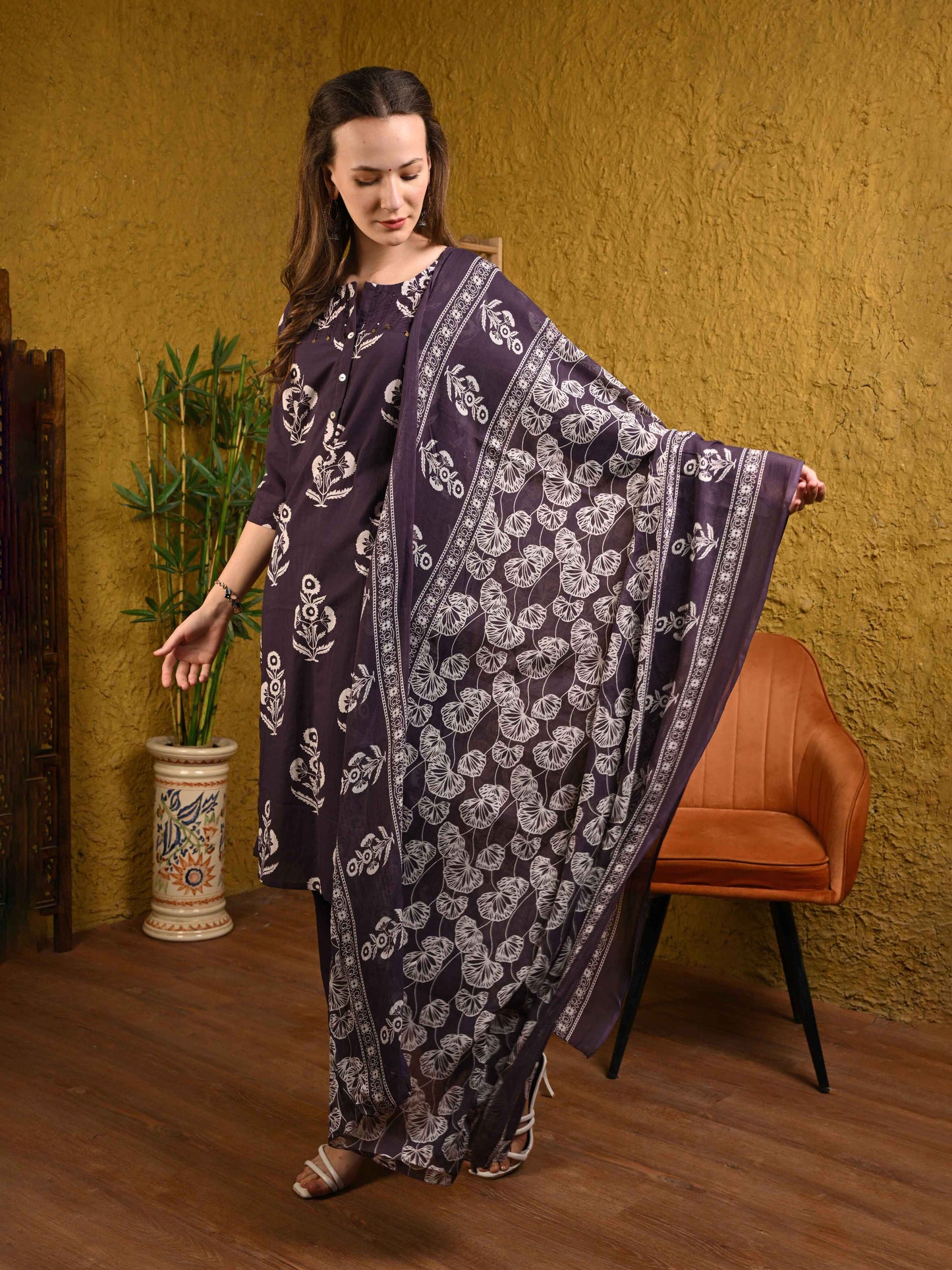 Deep Purple Printed Jaipuri Cotton Suit Set