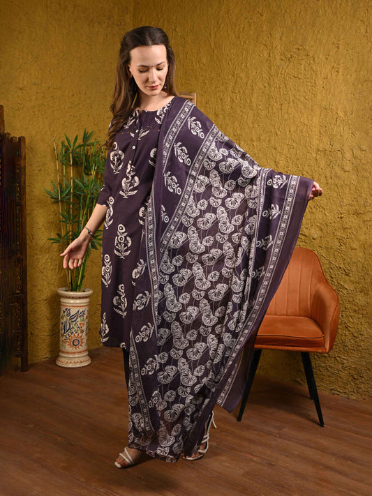 Deep Purple Printed Jaipuri Cotton Suit Set