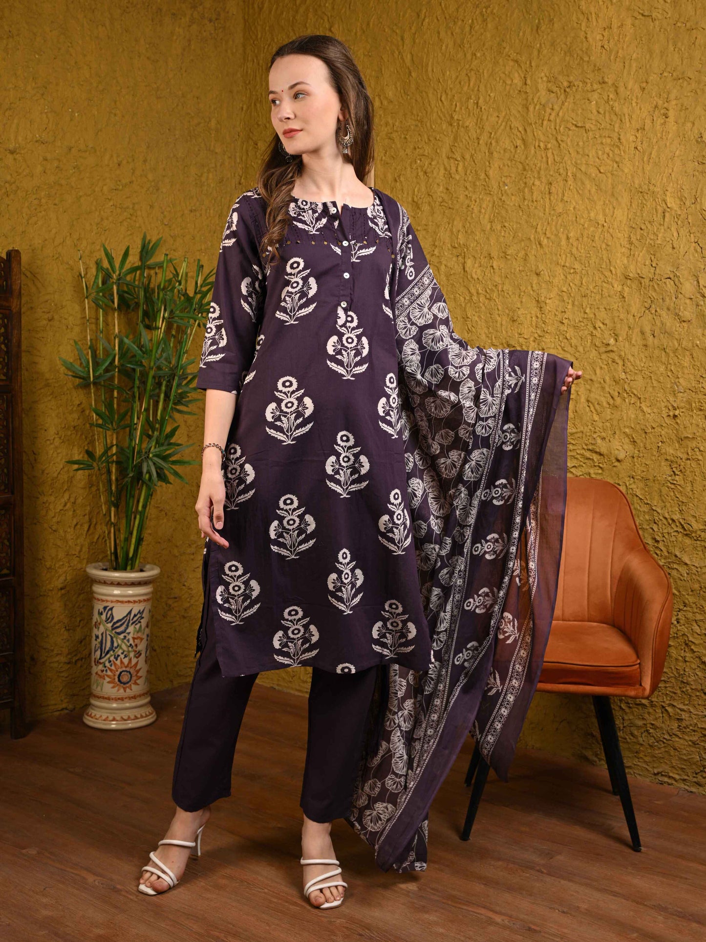 Deep Purple Printed Jaipuri Cotton Suit Set