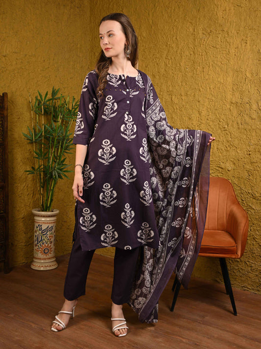 Deep Purple Printed Jaipuri Cotton Suit Set