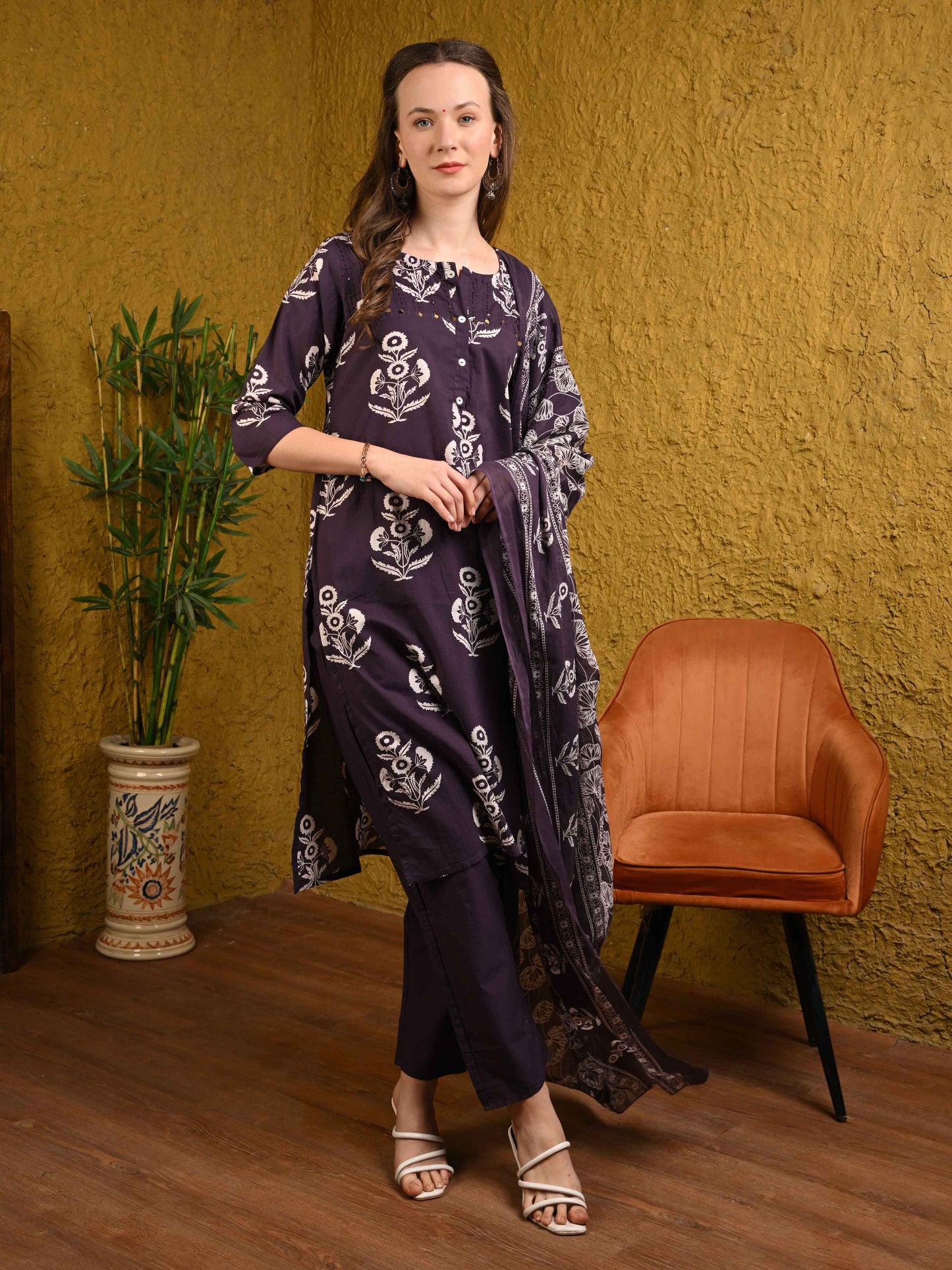 Deep Purple Printed Jaipuri Cotton Suit Set