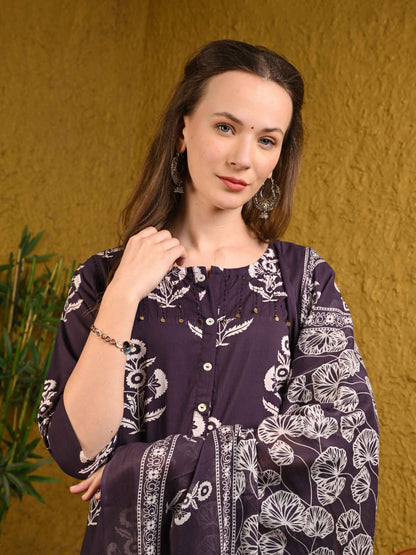 Deep Purple Printed Jaipuri Cotton Suit Set