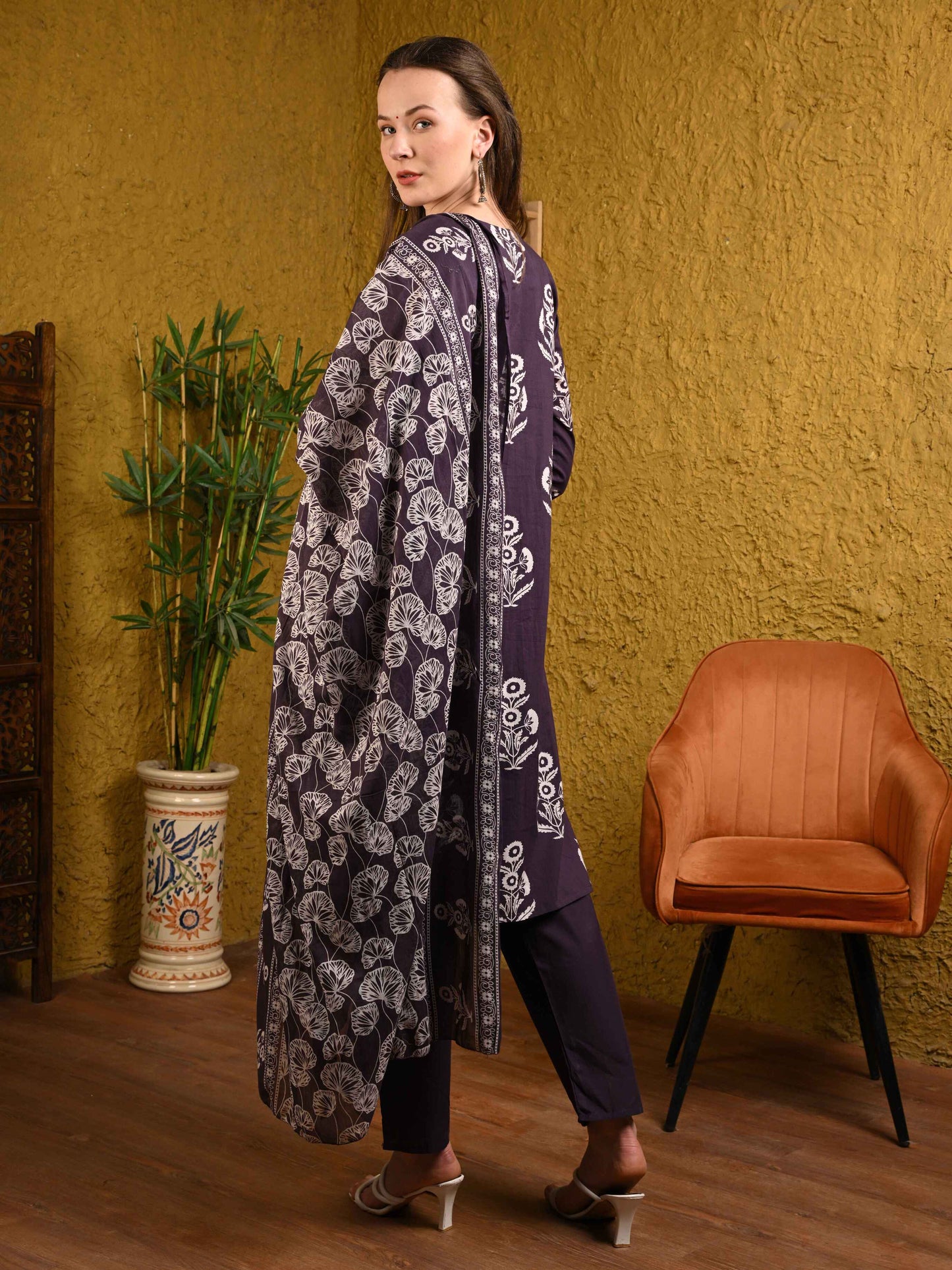 Deep Purple Printed Jaipuri Cotton Suit Set