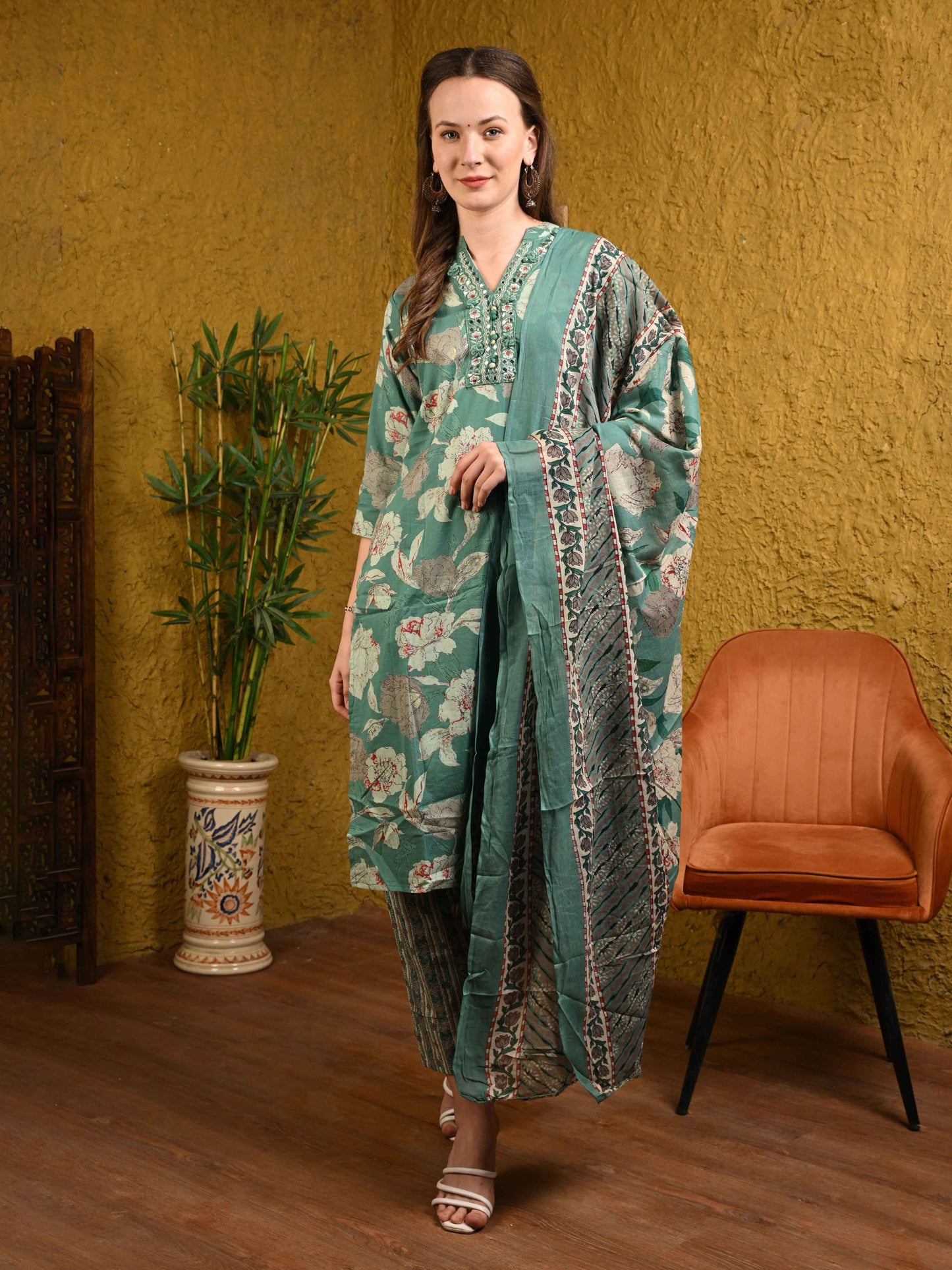 Pastel Green Jaipuri Printed Cotton Suit Set