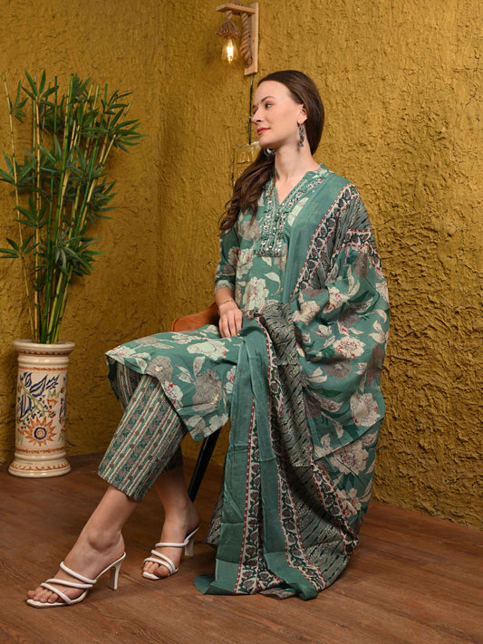 Pastel Green Jaipuri Printed Cotton Suit Set