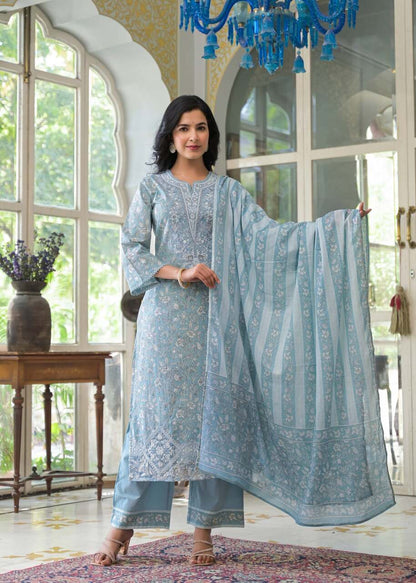 Storm Serenity Greyish Blue Cotton Suit Set