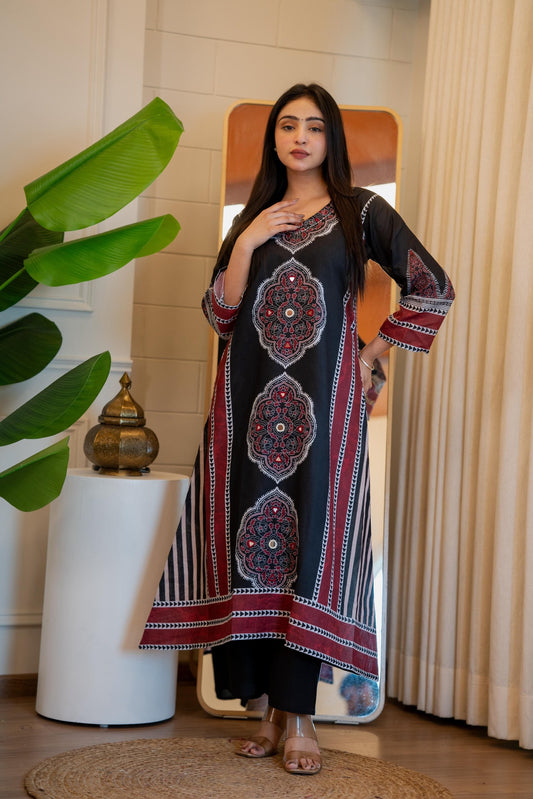 Onyx Black Maroon Flared Kurta Pant Set