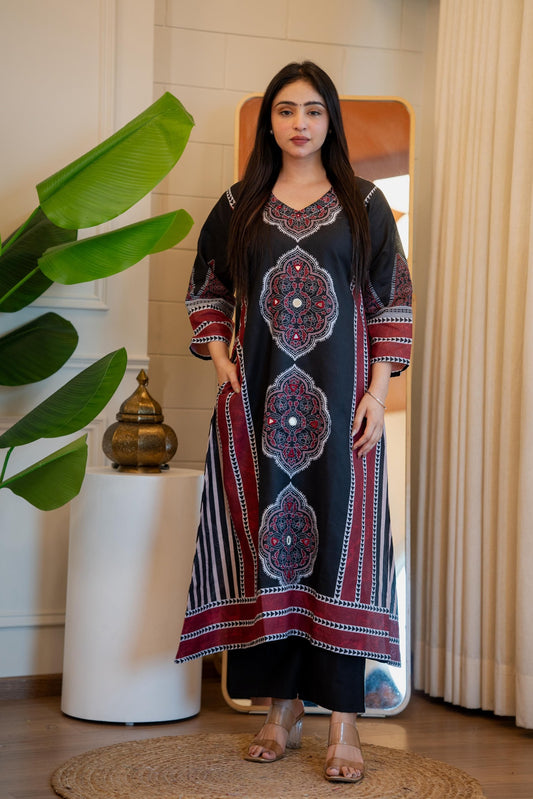 Onyx Black Maroon Flared Kurta Pant Set