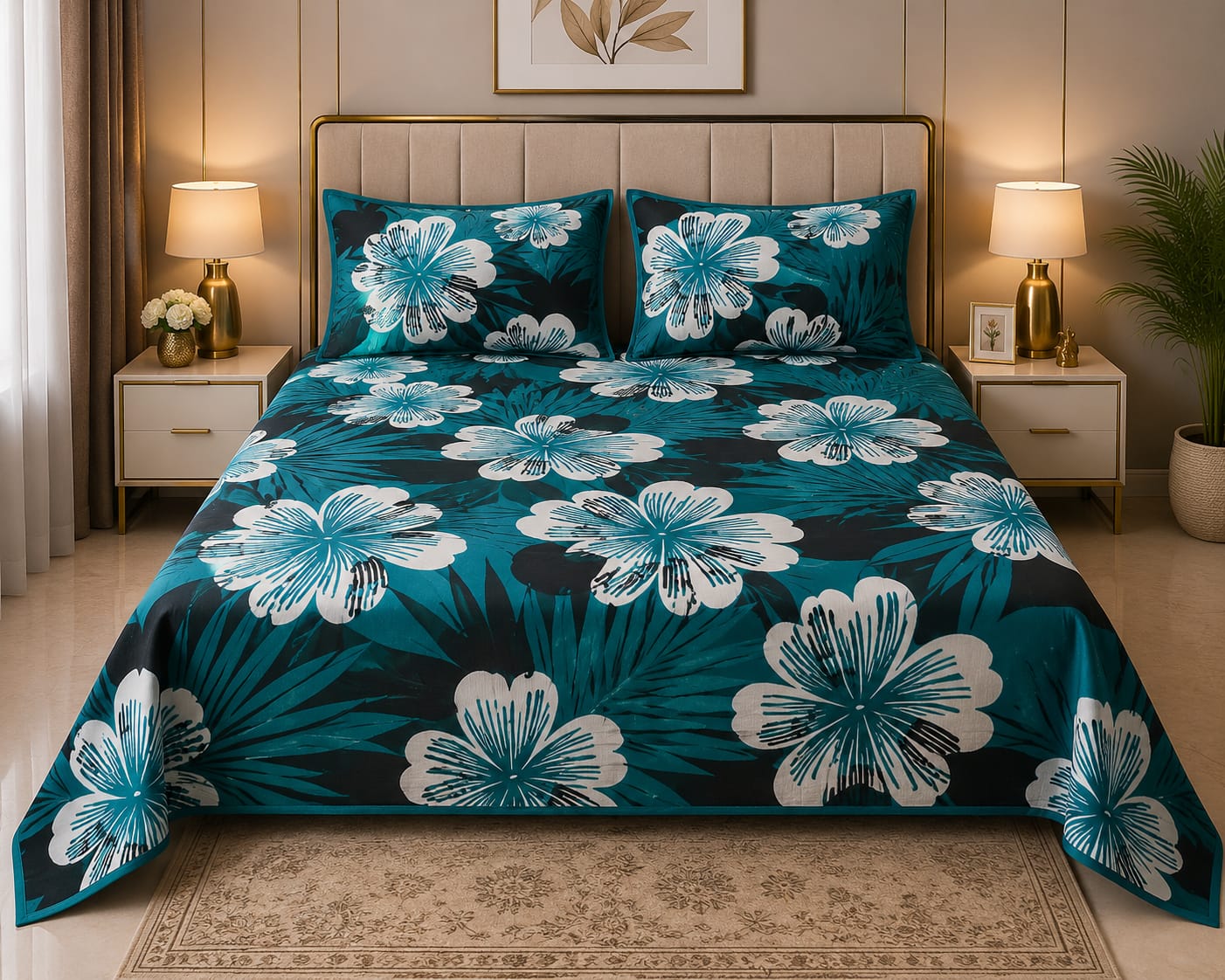 Teal Floral Bedsheet