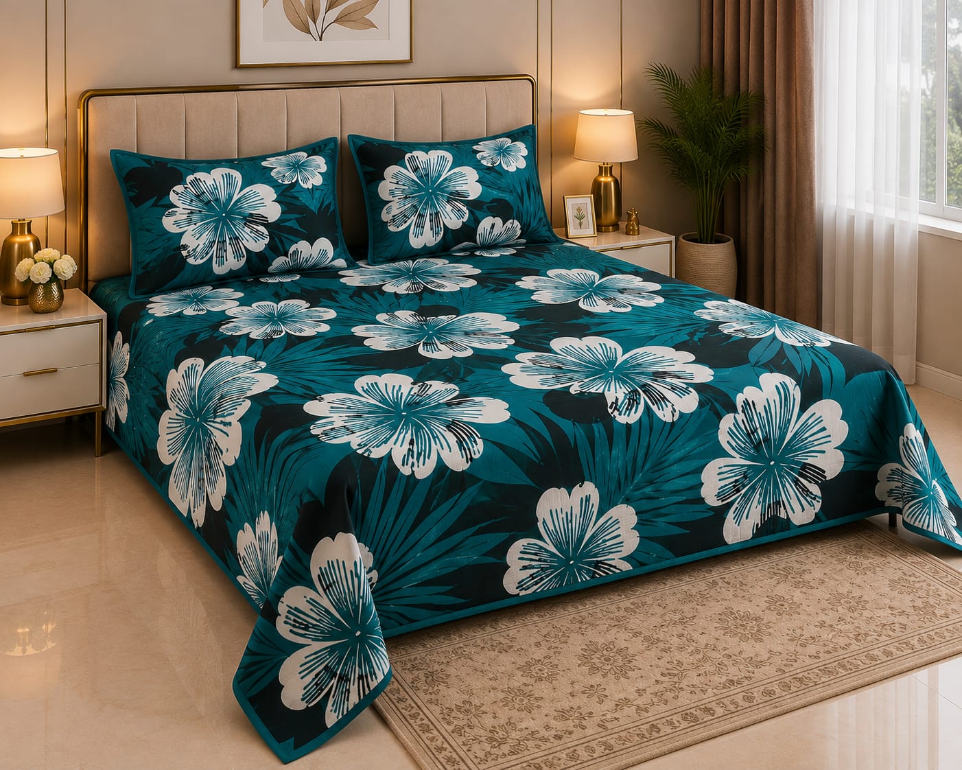 Teal Floral Bedsheet