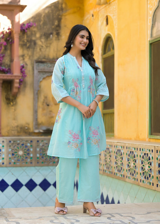 Cerulean Blue Mul Cotton Premium Coord Set