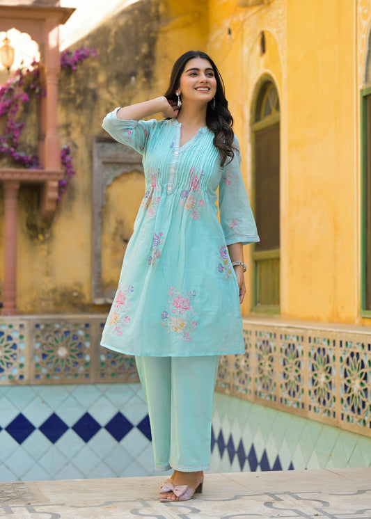 Cerulean Blue Mul Cotton Premium Coord Set
