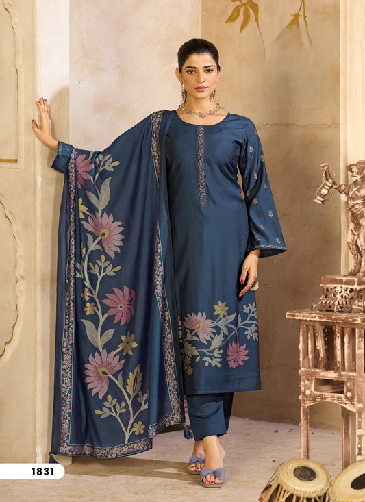 Royal Blue Rayon Silk Suit Set with Dupatta
