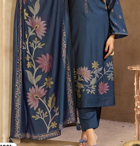 Royal Blue Rayon Silk Suit Set with Dupatta