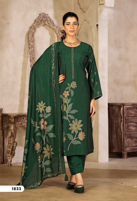 Deep Green Rayon Silk Suit Set with Dupatta