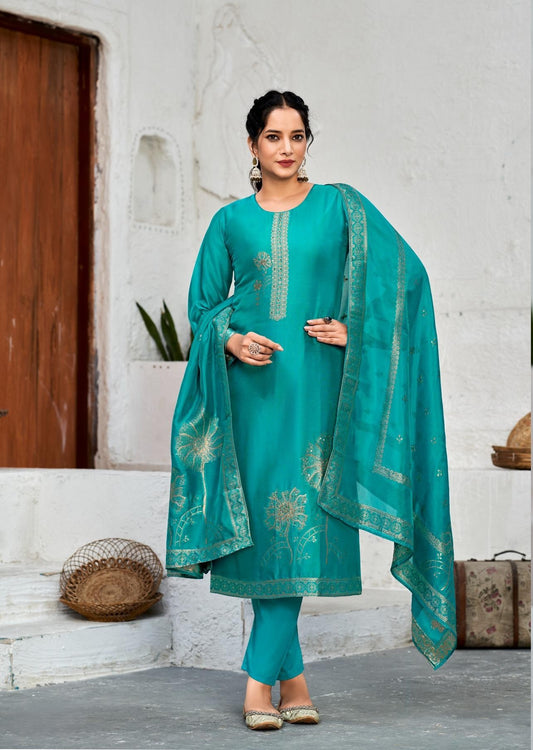 Aquamarine Turquoise Blue Bangalore Silk Suit Set with Dupatta