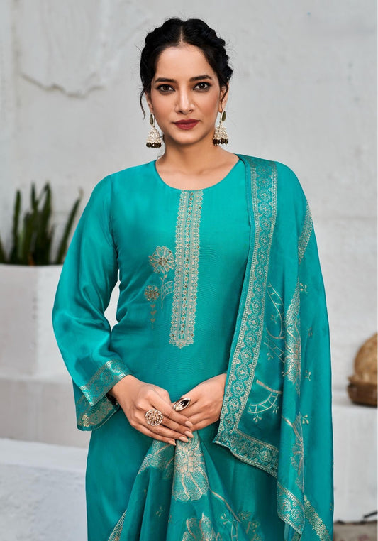 Aquamarine Turquoise Blue Bangalore Silk Suit Set with Dupatta