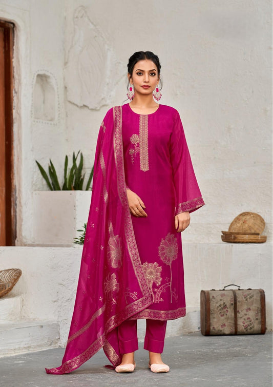 Amethyst Deep Hot Pink Bangalore Silk suit Set with Dupatta