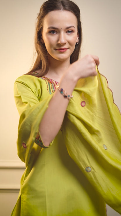 Green Silk Threadwork Festive Suit Set
