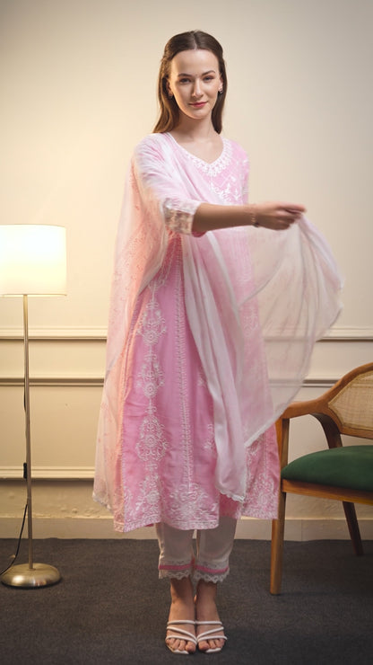 Pink Threadwork Mul Cotton Premium Anarkali Suit Set