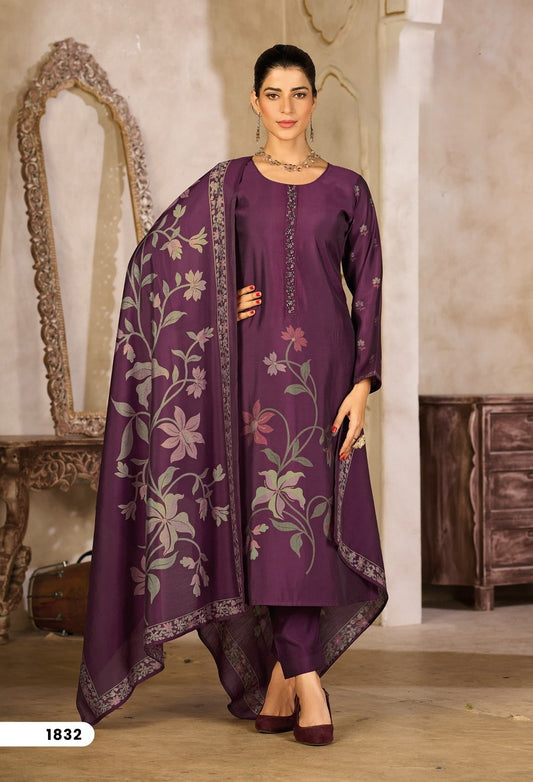 Deep Purple Rayon Silk Suit Set with Dupatta