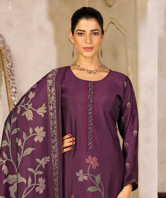Deep Purple Rayon Silk Suit Set with Dupatta