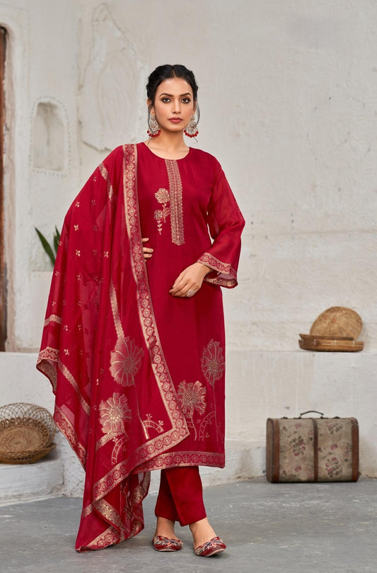 Deep Ruby Red Bangalore Silk Kurta Set with Dupatta