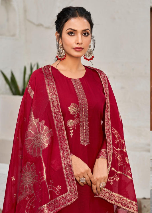 Deep Ruby Red Bangalore Silk Kurta Set with Dupatta